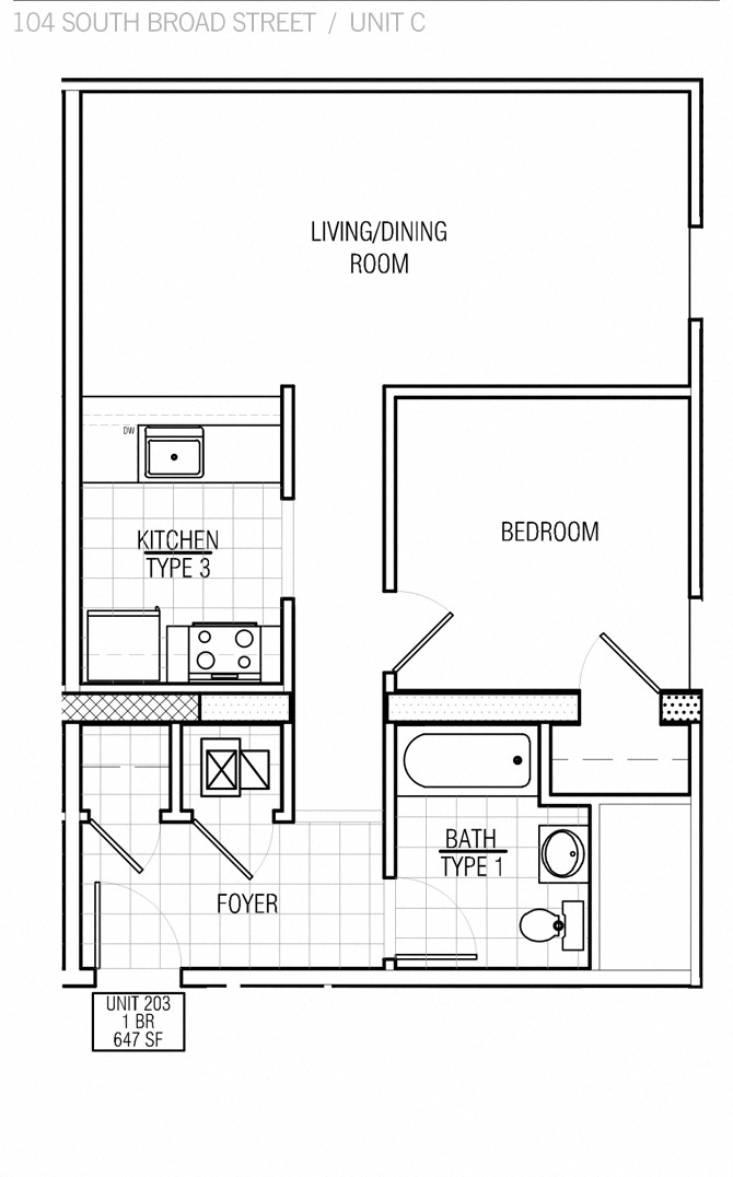 Floor plan for 1 bed, 1 bath